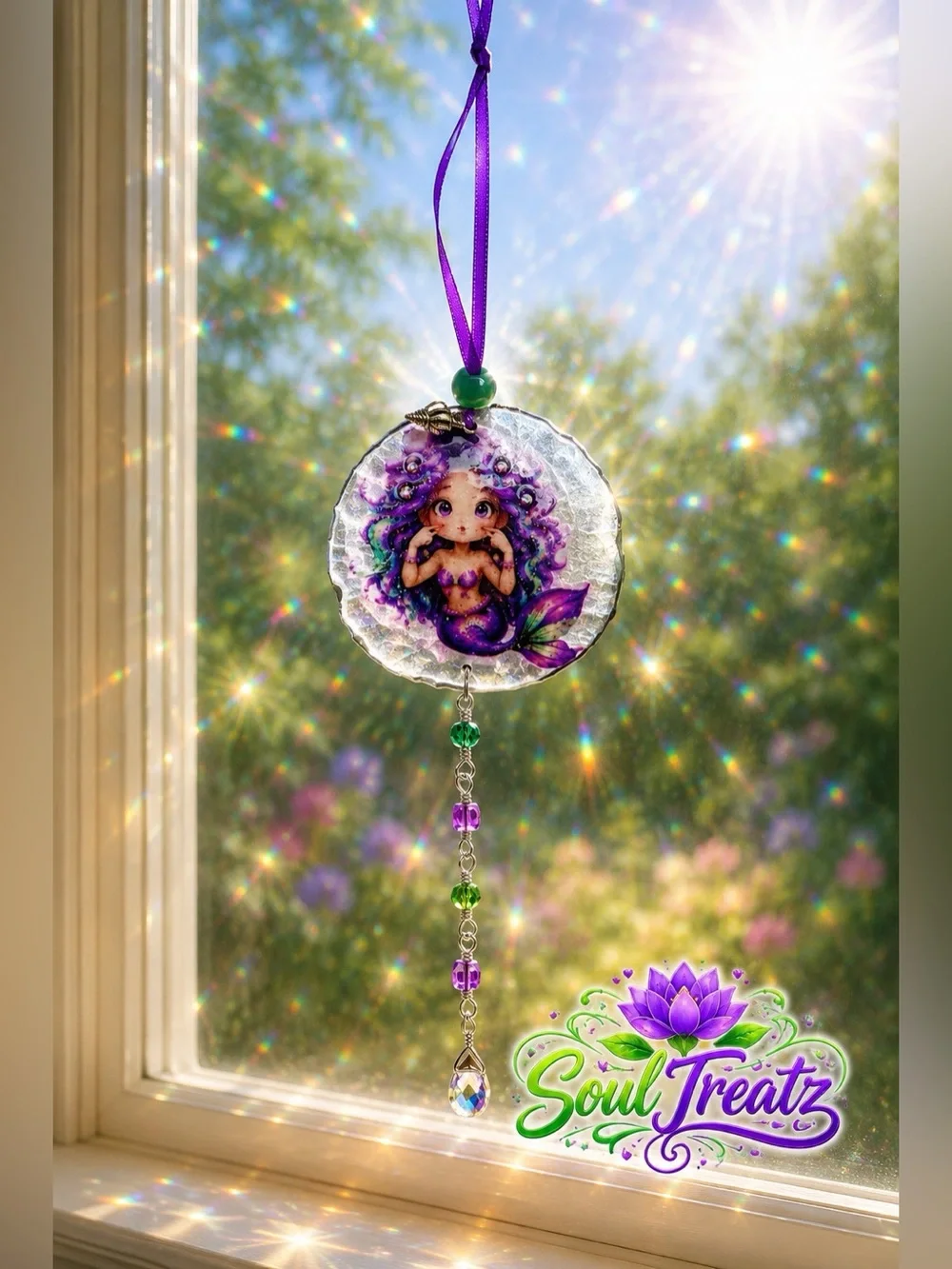 Purple & Green Decoupage Mermaid Sand Dollar Crystal Sun Catcher